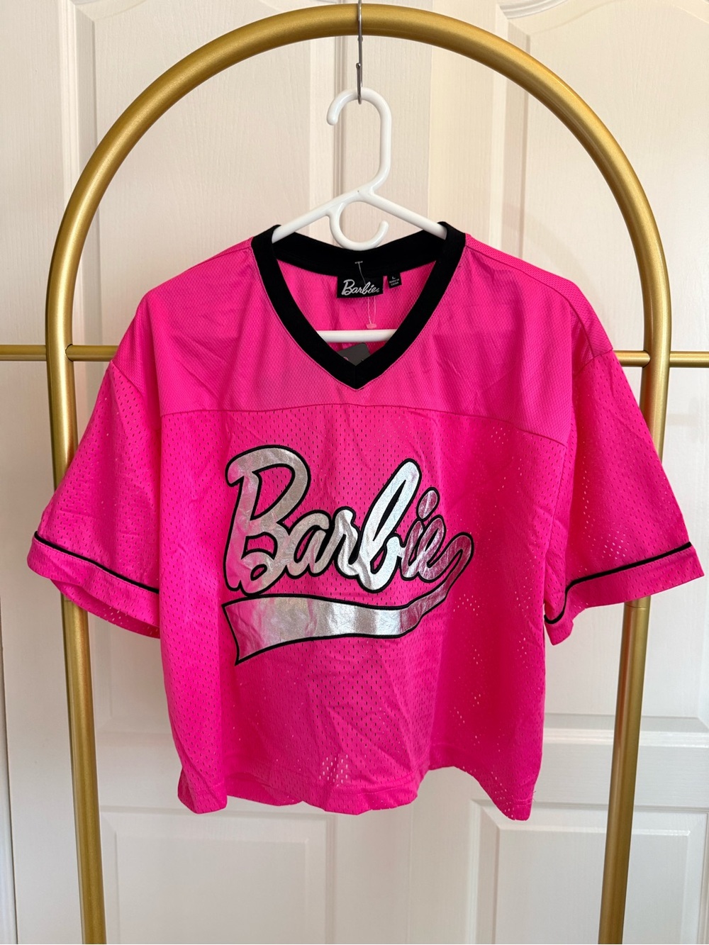 Barbie Hot Pink Mesh Jersey with Silver Logo and Black Trim size L